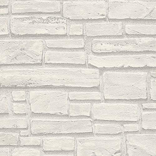 Steinmauer Tapete in Weiß | Moderne Naturstein Vliestapete mit Vinyl für Küche und Diele | Vlies Steintapete abwaschbar ideal für Flur