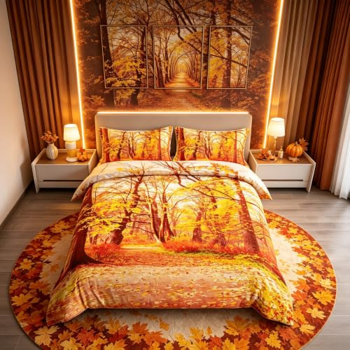 Loussiesd Fall Bed Cover Set,Autumn Woodland Leaves Duvet Cover Set,Nature Theme forest Tree Branches Bedding Set for Boys Teens Youth Woman Man Gift,Decor 3 Pcs Double Size