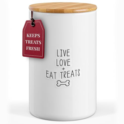 Barnyard Designs Dog Food Storage Container Large | Ceramic Airtight Pet Food Containers with Lid, Rustic Farmhouse Dog Food Container Holder for Cookies, Biscuits, and Snacks, White, 5 x 8