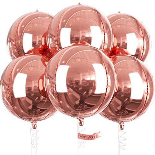 PartyWoo Rose Gold Balloons, 6 pcs Rose Gold Birthday Decorations, 22 inch Giant 4D Foil Balloons and Ribbon, Large Mylar Balloons, Metallic Rose Gold Balloons for Bachelorette Party, Bridal Shower