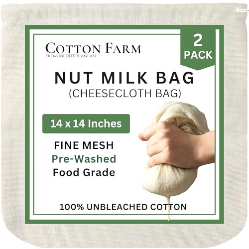 Cotton Farm Nut Milk Bag & Cheese Cloth Bag (Ultra Dense), XL 14 × 14 Inch, 100% Unbleached Cotton Cheesecloth for Precise Food Straining, Washable & Reusable