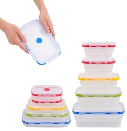 ECOBERI Contenedores plegables de silicona para almacenamiento de alimentos, sin BPA, aptos para microondas, congelador y lavavajillas, almuerzo, preparación de comidas, viajes, ahorro de espacio