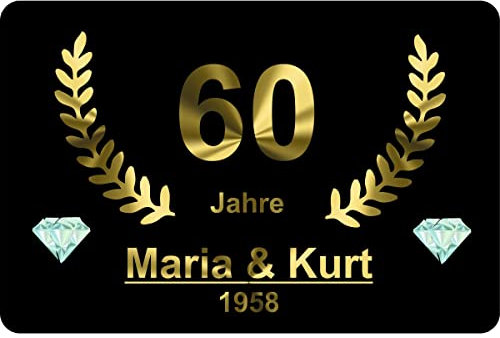 Verlag HE Fußmatte Diamantene Hochzeit 60 Jahre Jubiläum Geschenk Diamanthochzeit Kränzen Schild personalisiert Wunsch-Namen