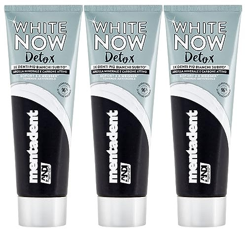 Dentifricio Mentadent White Now Detox Argilla Minerale Sbiancante e Carbone Attivo - 3 Dentifrici da 75ml ognuno