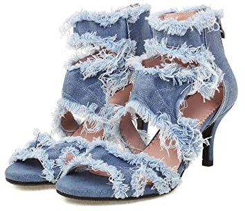 Bapolee Women's Open Toe Denim High Heeled Sandals Fashion Comfortable Ankle Strap Stiletto Shoes