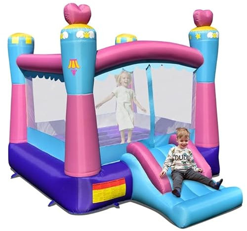 COSTWAY Château Gonflable pour Enfants 3 en 1 avec Trampoline Toboggan et Panier de Basket-Ball Sac de Transport, Kit de Réparation sans Gonfleur Intérieur Extérieur…
