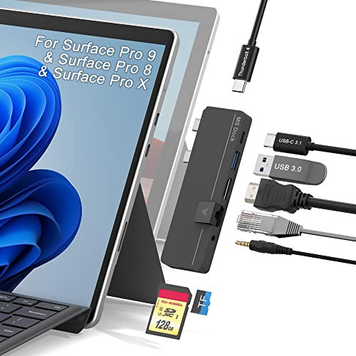 Surface Pro 9/8 Docking Station with 8 Ports [100W USB C Thunerbolt 4+ 4K HDMI+ USB3.0+ USB-C 3.0+ 100M LAN+ Audio+ SD+ TF Slot] 8-in-2 USB-C Surface Pro Accessories for Surface Pro 9/Pro 8/Pro X