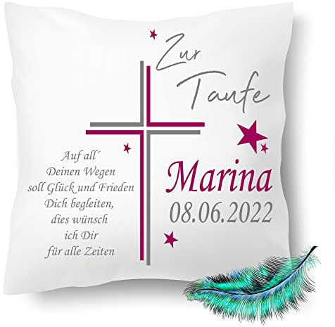 Taufkissen, Personalisierbares Kissen bedrucktes zur Taufe für Jungen und Mädchen, mit Namen, Datum, eigenem Taufspruch, Geschenk,| Dekokissen,| Kuschelkissen 40X40 (mit Kissenfüllung, Magenta)