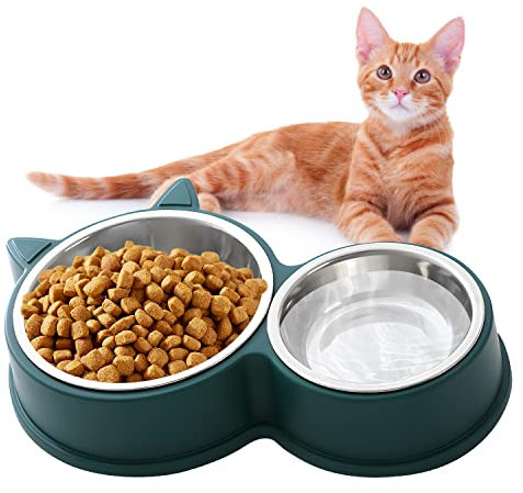 HUTVD Gamelle pour Chat, Gamelle Double pour Chat, Ensemble de Gamelles pour Chat en Acier Inoxydable, Gamelle Double pour Chat, Mangeoire et Abreuvoir pour Chiot (Vert)