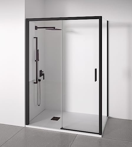 Mampara de ducha angular 1 corredera + 2 fijos - sin perfilería inferior - Cristal transparente templado 6mm - Negro mate - Ancho adaptable 105-110 x 77-80cm - Posición puerta derecha - Alto 195cm