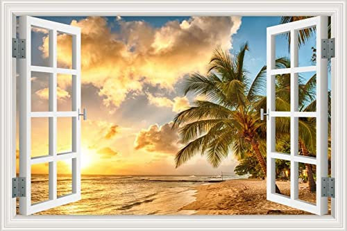 MUMUWUSG Vinyle Coucher De Soleil Ciel Plage Arbres Sticker Porte Effet 3D Trompe Stickers Muraux Auto-Adhésif Imperméable Amovible Art Stickers Pour Salon Chambre Décoration Autocollant 90X60Cm