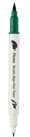 Pentel SESW30C-T104E Brush Sign Pen Twin Fibre-Tip Pen with Two Flexible Writing Tips, Water Based Ink, Green, Pack of 1