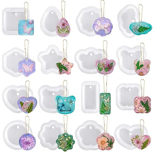 RESINWORLD Lot de 16 moules en silicone pour pendentifs géométriques avec trou de suspension, moules en résine UV pour bijoux, colliers, porte-clés pour résine époxy