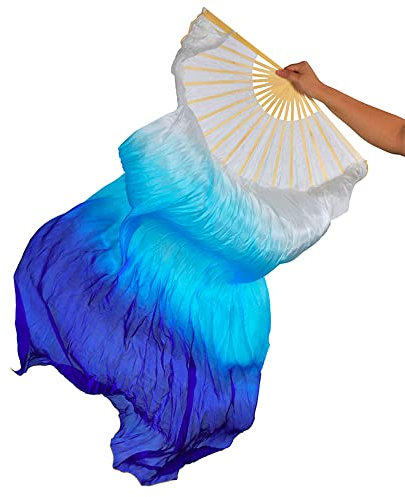 TMZAQH Women 1 Piece Right Hand Real Silk Long Belly Dance Fan Veils 150 * 90 cm, White Lake Blue, 150*90cm