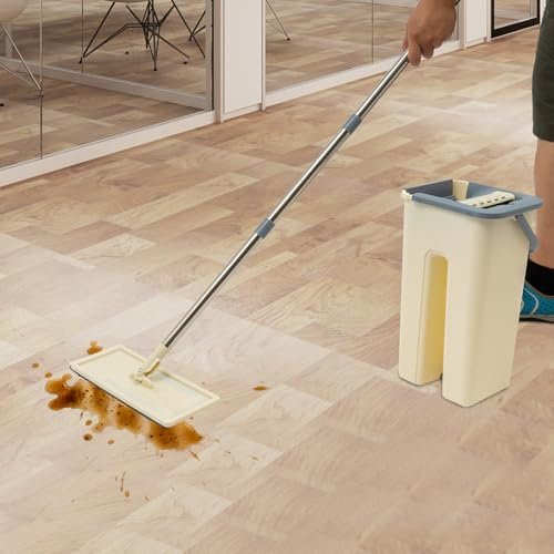 Wischmopp Set mit Eimer Flachwischer Set Bodenwischer Set Putzeimer mit Wischmop Abnehmbarer Bodenwischer Flachmopp mit 10 Mop Pads, Langem Stiel, Zwei-Tank-Design, Platzsparend, Abwassertrennung