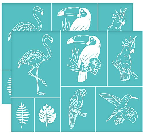 OLYCRAFT 2 Stück Flamingo Siebdruckschablonen Selbstklebend Tropische Vogelblätter Monstera Kolibri Thema Sommer Siebdruckschablonen Wiederverwendbar Zum Malen Auf Holz T Shirts Taschen - 28x22 cm