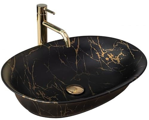 Rea Aufsatzwaschbecken Roma Marmor, Waschtisch Handwaschbecken Waschschale Waschbecken für Badezimmer aus hochwertiger Keramik, 560 x 400 x 140 mm (Schwarz, Marmorimitat)