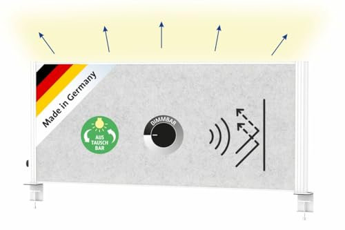 MAUL Tisch Trennwand Akustik MAULconnecto Uplight | mit LED Licht Leiste | 120x50cm | Raumteiler für Büro und Schreibtisch | Raumtrenner mit Lampe und Klemmfuß| Ideal als Sichtschutz und Schallschutz