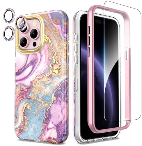 SHEDEER 4-in-1 iPhone 15 Pro Max Case with Screen Protector + Bumper & Camera Protector | Military-Grade Shockproof 360° Protection, 15 Pro Max Case Glossy Fade-Resistant Pattern Design (Purple)