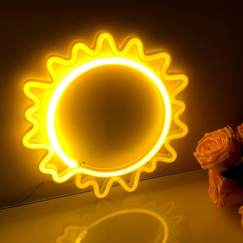 Wanddekoration mit Sonnenneon Schild, batteriebetriebene gelbe Sonne Neon Licht USB/3-AA, Baby Mädchen Schlafzimmer, Geburtstag, Weihnachten, Halloween Party