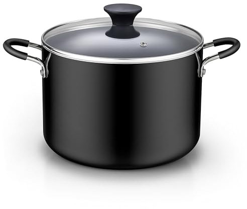 Cook N Home Antihaft-Suppentopf mit Deckel, 8 l, professioneller tiefer Kochtopf mit Glasdeckel, Schwarz