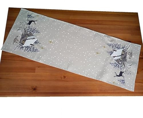 Tischdecke Mitteldecke Tischläufer (Längen bis 2 m) Kissenhülle Tischset Winter Ecru beige Bestickt mit Motiv Winterwald Elch goldene Sterne (40 x 85 cm)