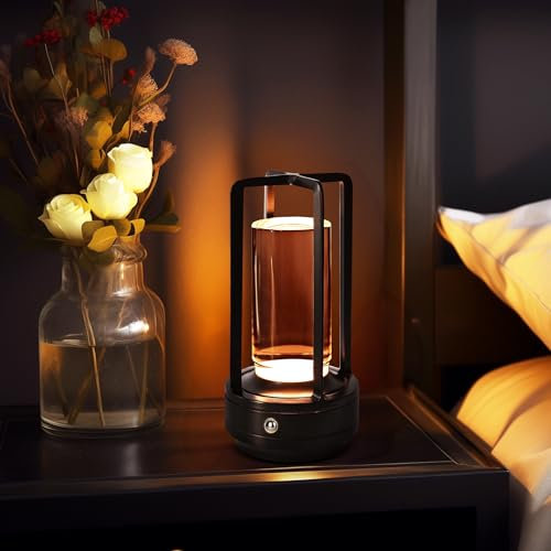 PIKAFOX Portable Metal Cordless Table Lamp Rechargeable Battery Powered Portable LED Desk Lamp, 3 Color Stepless Dimming Touch, for Bedroom Restaurant Home Outdoor (Black)
