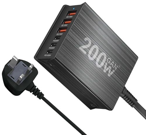 HFLWYWD USB C Charger,200W 6-Port USB Charging Station Hub Fast Charger Power Adapter,USB Charger 6 Port Fast Charging Station,Portable Laptop Charger Block for Most Phone Computer