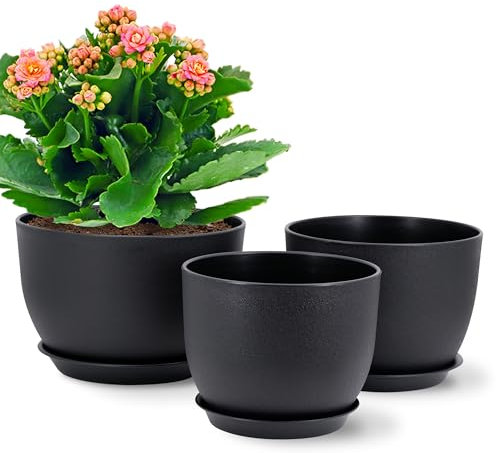 Gardrium Lot de 3 Pots 30,5/25,4/22,9 cm de Fleurs en Plastique Plantes, Jardinières Modernes avec Trous de Drainage et Soucoupe Détachable, Noir