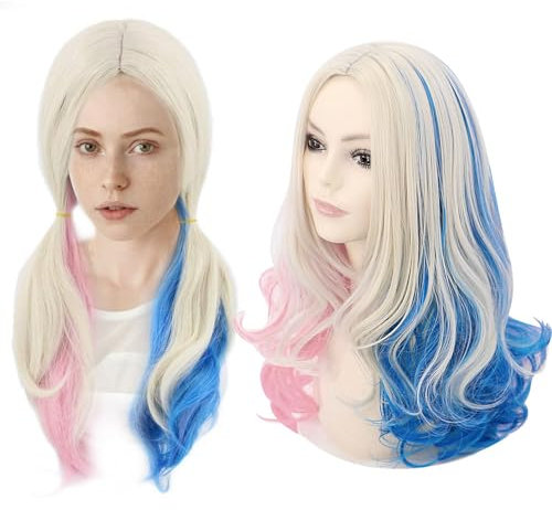 KBIBCK Rosa und blaue Perücke, Cosplay Perücke,Damen Perücke, Party Perücken, Lockig Damen Perücke, zwei Pferdeschwänze Perücke, Suicide Squad Zubehör Perücke, für Mädchen Halloween Karneval Cosplay