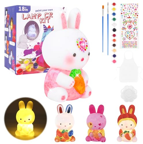 DAOUZL Bemalbare Kaninchen Lampe mit Nachtlicht, DIY Malset Bastelset für Kinder ab 3-12 Jahre, Komplettset mit Farben & Schürze, Kreativ Geschenk für Mädchen und Jungen