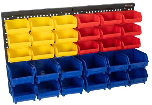 The Workplace Depot Wall Mounted Louvred Panel Bin Kit – Heavy-Duty Storage Solution with 30 Durable Bins Colour-Coded- Ideal for Workshops, Garages & Industrial Use