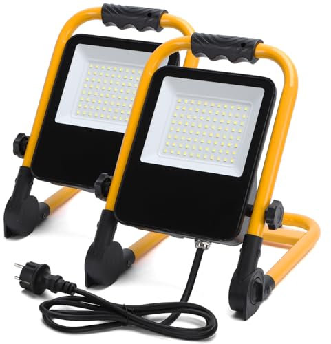 Aigostar Foco de Trabajo LED 50W 4500LM Foco LED Portátil con Enchufe, IP65 Impermeable Soporte plegable, para Uso en Interiores y Exteriores, para Obra, Taller, Garaje,6500K Luz Blanca, 2 pcs