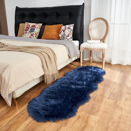 Arbosofe Ultraweicher Kunstfell-Teppich, Bereichsteppiche, Dunkelblauer Flauschiger Zottiger Fellteppich für Schlafzimmer & Wohnzimmer, Kinderzimmer-Dekoration, 61 x 183 cm Schaffell