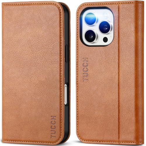 TUCCH Wallet Case for iPhone 16 Pro (6.3) 2024, PU Leather Foldable Case with[RFID Blocking][Shockproof TPU][Viewing Stand] Card Holders, Flip Stand Cover Compatible with iPhone 16 Pro, Light Brown