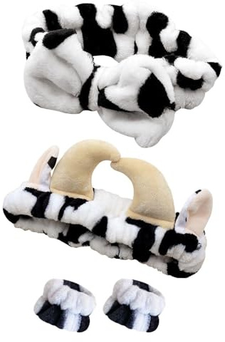 2Pcs Cow Headbands, 2Pcs Cow Wristbands, Face Wash Headbands, Bow Cosmetic Headbands, Cow Horn Headbands, Plush Headbands, Elastic Headbands For Women