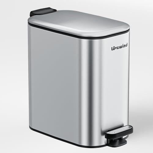 LOVEWIND 6L Bathroom Bin, Silver Slim Pedal Bins for Space-Saving, Small Bin for Compact Spaces, with Lid and Inner Bucket, Softly Close and Stay Open, Modern Design, Easy-Clean & Durable
