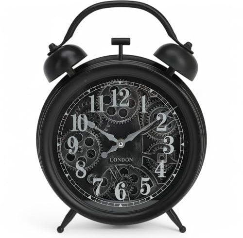 MIJOMA Vintage-Wanduhr im Industrial Steampunk Design – große Retro-Tischuhr mit sichtbarem Zahnrad-Mechanismus – Batteriebetrieben – 38 x 29 cm (schwarz/Silber)
