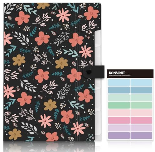 KONVINIT Porte-documents A4 - Trieur à compartiments avec 6 poches - Motif floral - Pour femme/fille, préparation de mariage, documents de bureau et fournitures scolaires