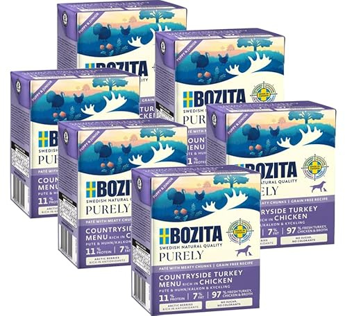 Bozita Purely 6 x 370g Pute & Huhn (Puppy & Junior) im Tetra | Getreidefreies Nassfutter für Hunde | Sehr Hoher Fleischanteil | mit Fleischstückchen | ohne Zucker & ohne künstliche Farbstoffe