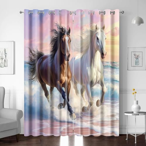 Gardinen Vorhänge mit Ösen, Strand Tiere Pferde Verdunklungsvorhänge Wohnzimmer Modern 2er Set, Thermovorhang Schlafzimmer Transparent, Kinderzimmer Küchengardinen 132x160cm (BxH)