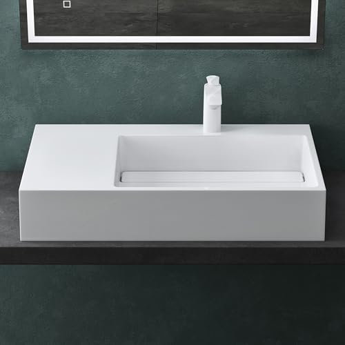 Mai & Mai Lavabo sobre Encimera Lavabo Suspendido Baño Lavabo Derecho | Rectangular | Blanco Brillante | Mármol Fundido | 75x43x14cm | 1 Orificio para Grifo sin Rebosadero | Colossum12