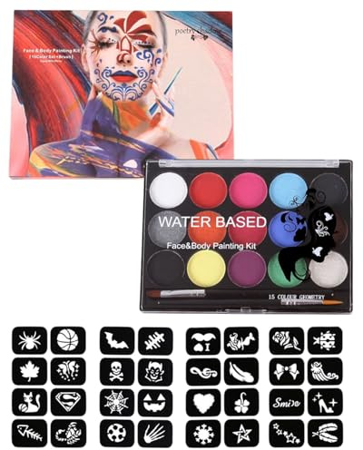 UYRVAPE Kinderschminke Set Ideales Schminke 15 Farben, Kinderschminken Set für Halloween Karneval, Gesichts-und Körperfarben für Schminke für Kinder und Erwachsene, mit 2 Pinsel und 4 Vorlagen