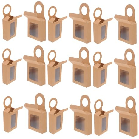 OFFSCH 24 Stück Teiliges Kraftpapier Geschenkkarton mit Sichtfenster Faltbare Kleine Hänge weinflaschenboxen Transparente Süßigkeitenverpackung Platzsparend und Robust für Schokolade und