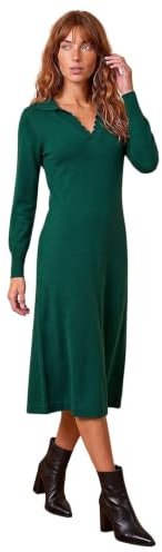 Roman Originals Scallop Detail Knitted Midi Dress for Women UK - Ladies Everyday Autumn Winter V-Neckline Comfy Soft Evening Vacation Work Party Night Out