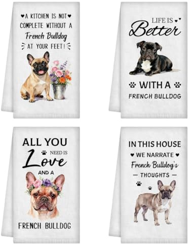 WADORN 4 Stück Lustige Französischer Bulldogge Handtücher, Dekorative Küchen Geschirrtücher Mit Französischer Bulldogge 60x40cm Mikrofaser Saugfähig Weich Hand Geschirrtücher Für Kochen Badezimmer