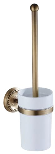 Toilettenbürste und Halterset 14, 6 -Zoll -Messing Antiquitäten Wandmontierte Toilettenbürste mit Keramikbecher Elegantes Badezimmer - Schüsselreiniger