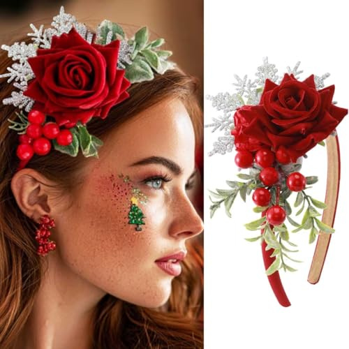 Unicra – Serre-tête de Noël avec fleurs rouges, accessoires de cheveux pour femmes et adultes pour les fêtes de fin d'année
