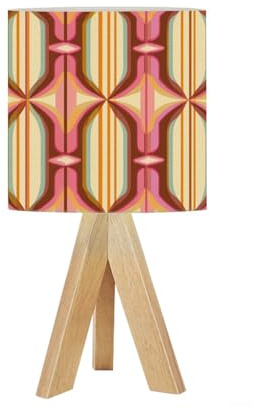 DERUINVAIO Bedside Table Lamp Tripod Desk Lamps Living Room Bedroom 70 s Retro Seamless 60s 70s Aesthetic Style Wooden Base Lampshade Kids Room Small Light for Reading Nightstand Shades