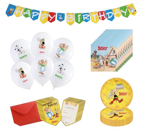 Chaks - Asterix Partyset Kinder, Zubehör für Kindergeburtstage | Offizielles Asterix Party Deko Set mit Tellern, Servietten, Luftballons, Einladungen und Girlande